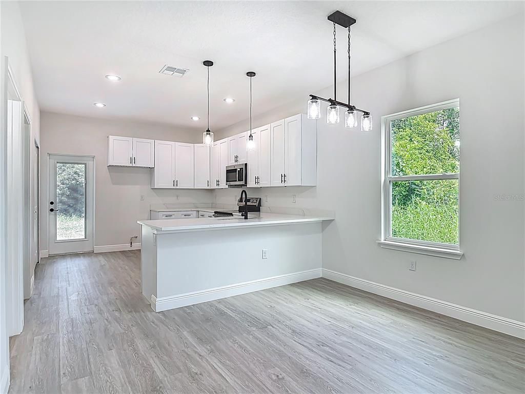 Interior, Kitchen, Pendant Lights, Recessed Lighting, Wood Texture Flooring