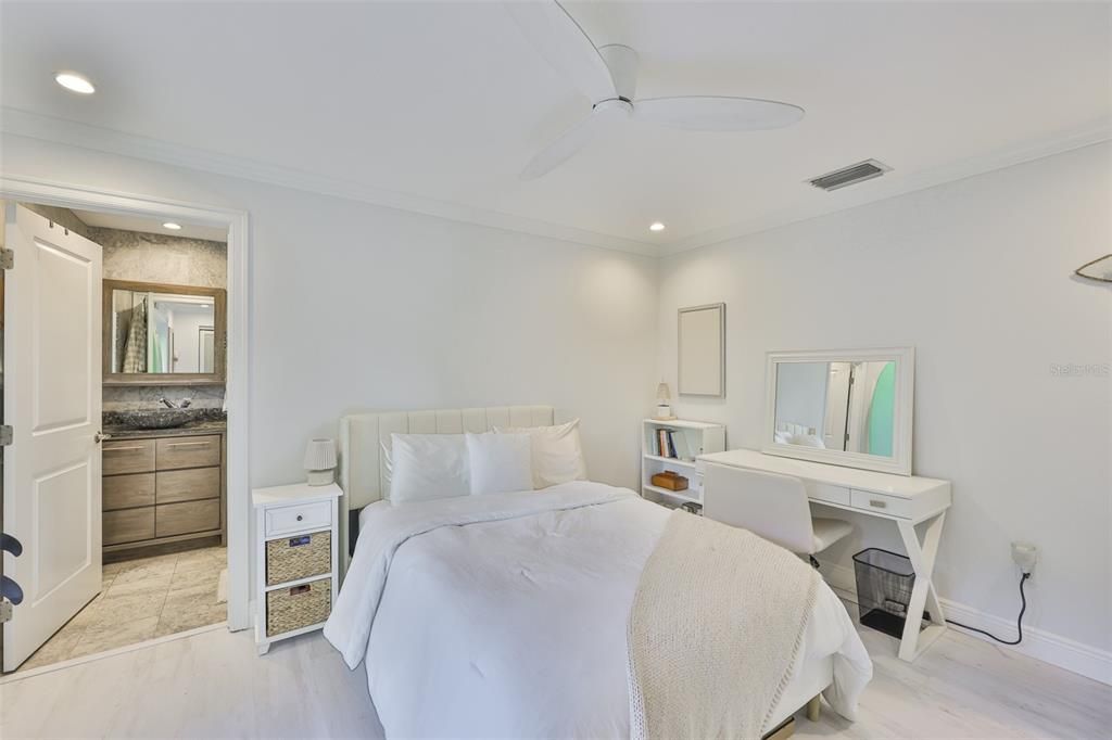 Bedroom, Interior, Marble, Recessed Lighting, Wood Texture Flooring