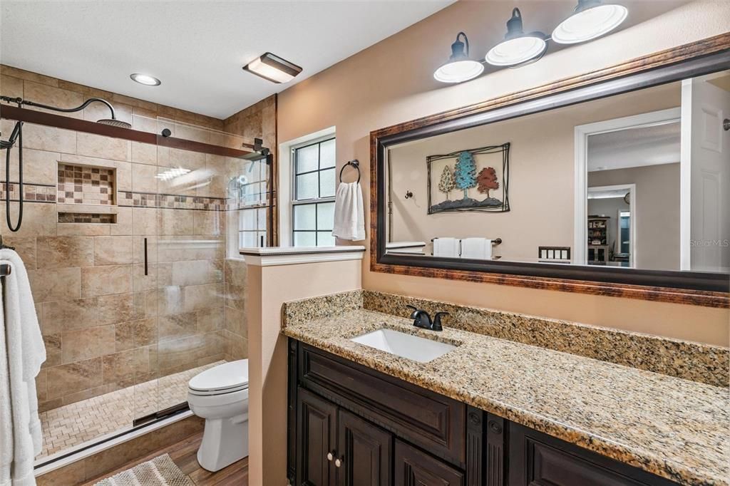 Bathroom, Glass Shower, Interior, Recessed Lighting, Wood Texture Flooring