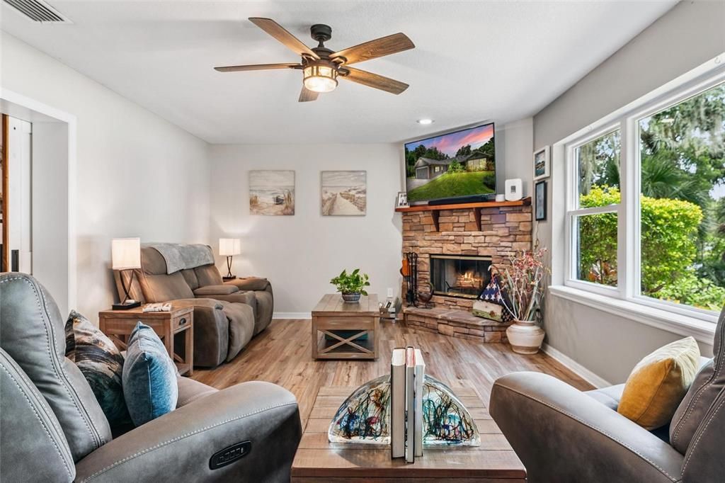 Fireplace, Interior, Living room, Recessed Lighting, Wood Texture Flooring