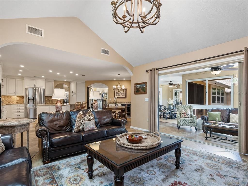 Chandelier, Dining room, Interior, Kitchen, Living room, Recessed Lighting, Stainless Steel Appliances