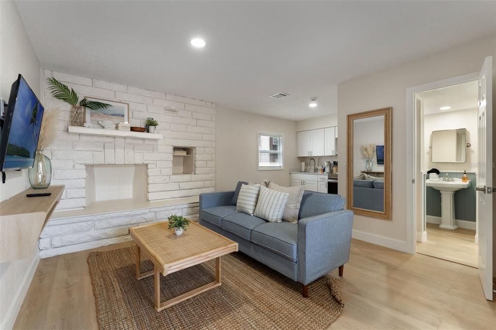 Interior, Living room, Recessed Lighting, Stone Walls, Wood Texture Flooring