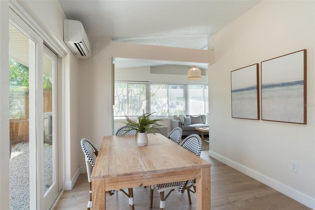 Dining room, Interior, Pendant Lights, Wood Texture Flooring