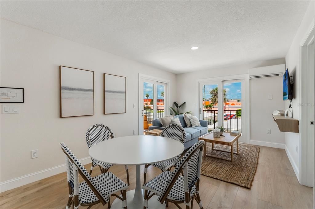 Dining room, Interior, Living room, Recessed Lighting, Wood Texture Flooring