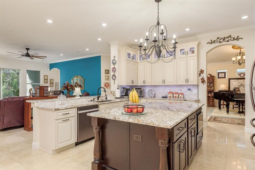 Chandelier, Dining room, Interior, Kitchen, Living room, Recessed Lighting, Stainless Steel Appliances