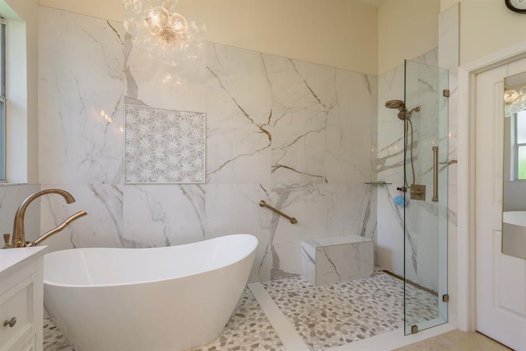 Bathroom, Free Standing Baths, Glass Shower, Interior, Marble Walls