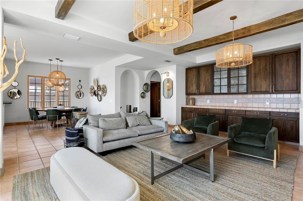 Chandelier, Dining room, Interior, Living room, Pendant Lights, Wooden Beams