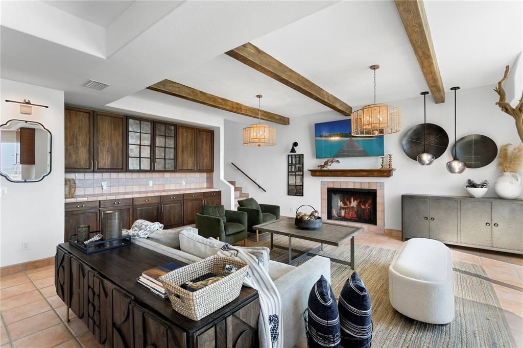 Fireplace, Interior, Living room, Pendant Lights, Wooden Beams