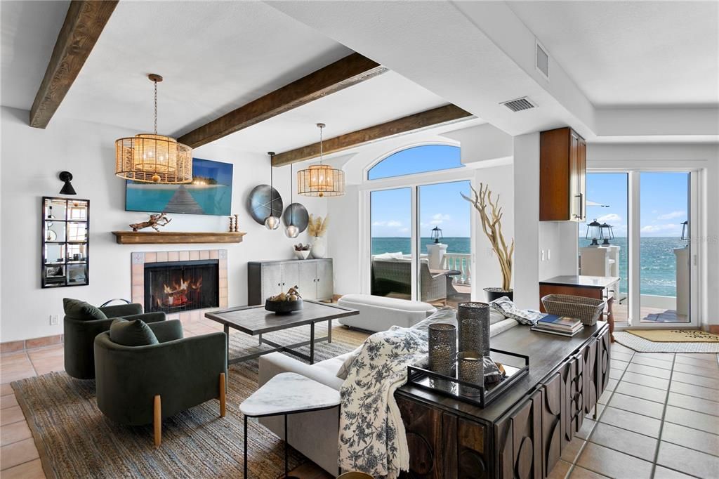 Fireplace, Interior, Living room, Pendant Lights, Water, Wooden Beams
