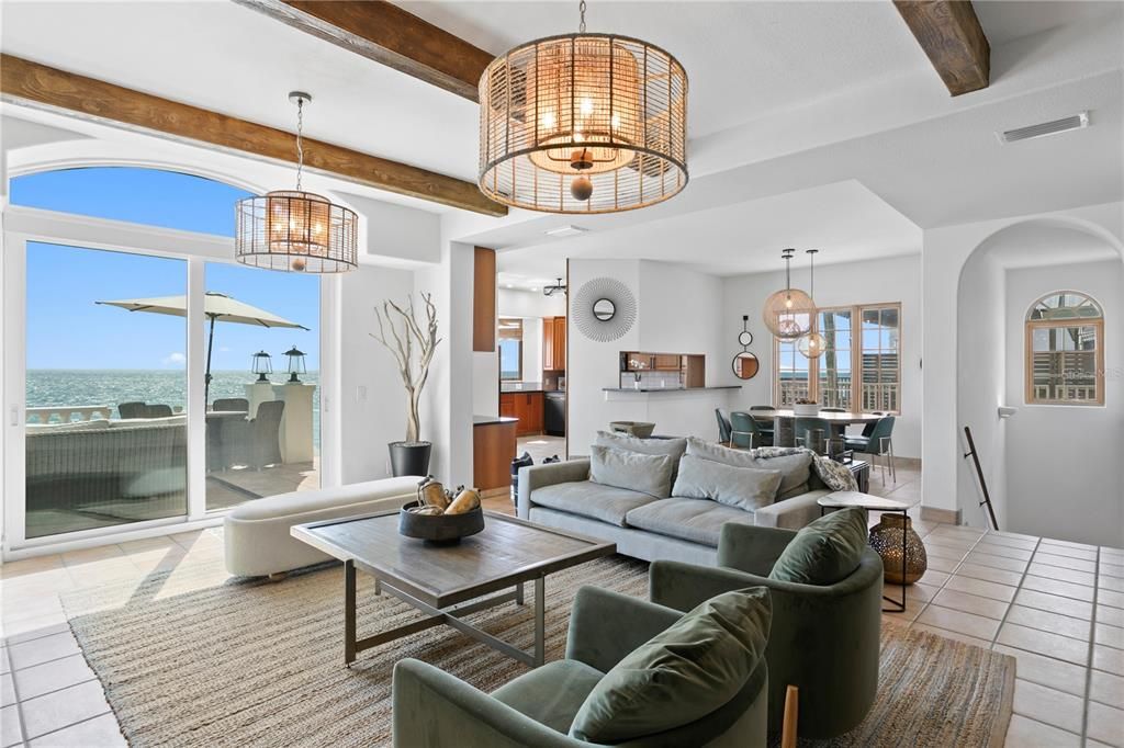 Chandelier, Dining room, Interior, Living room, Pendant Lights, Water, Wooden Beams