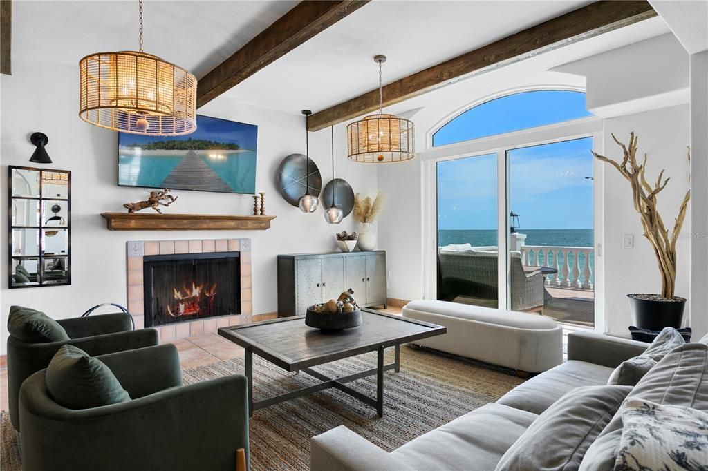 Fireplace, Interior, Living room, Pendant Lights, Water, Wooden Beams