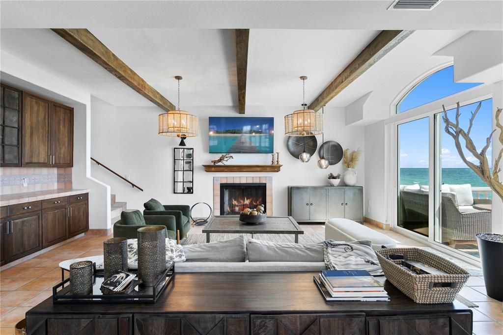 Fireplace, Interior, Living room, Pendant Lights, Water