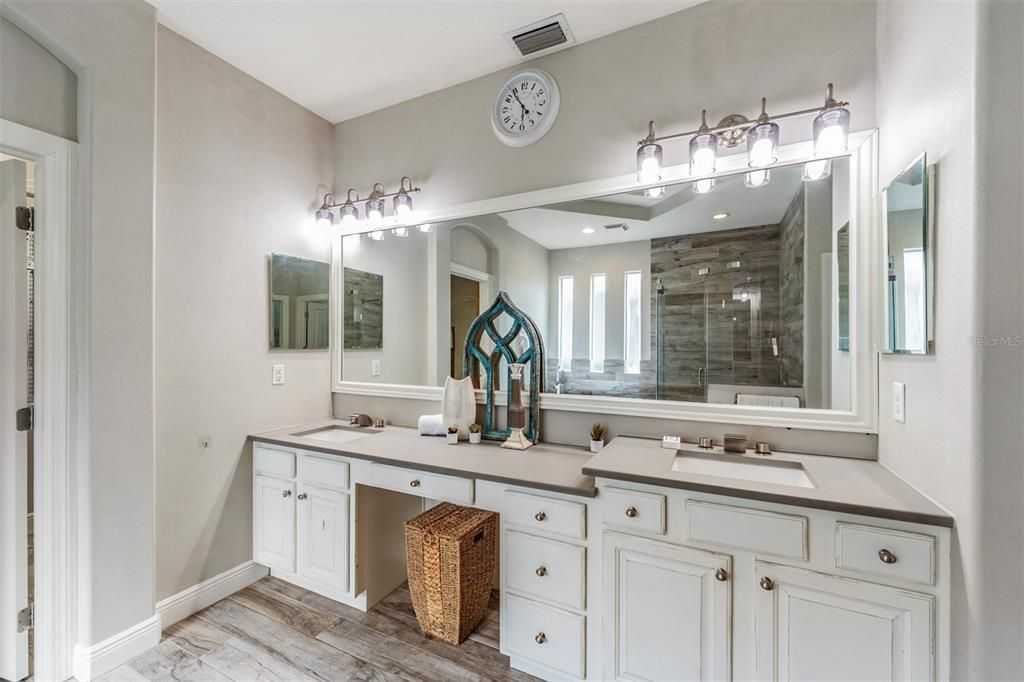 Bathroom, Dual Sink Vanities, Glass Shower, Interior, Wood Texture Flooring