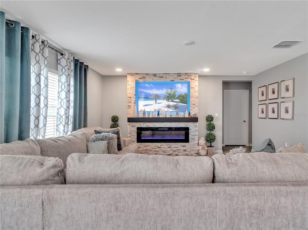 Fireplace, Interior, Living room, Recessed Lighting, Stone Walls