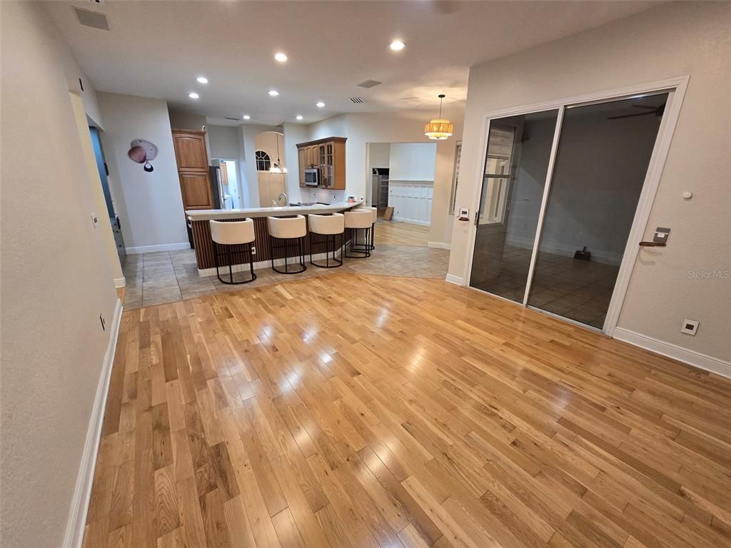 Empty room, Interior, Kitchen, Pendant Lights, Recessed Lighting, Wood Texture Flooring