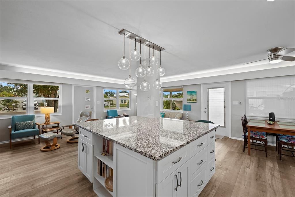 Dining room, Interior, Kitchen, Pendant Lights, Wood Texture Flooring