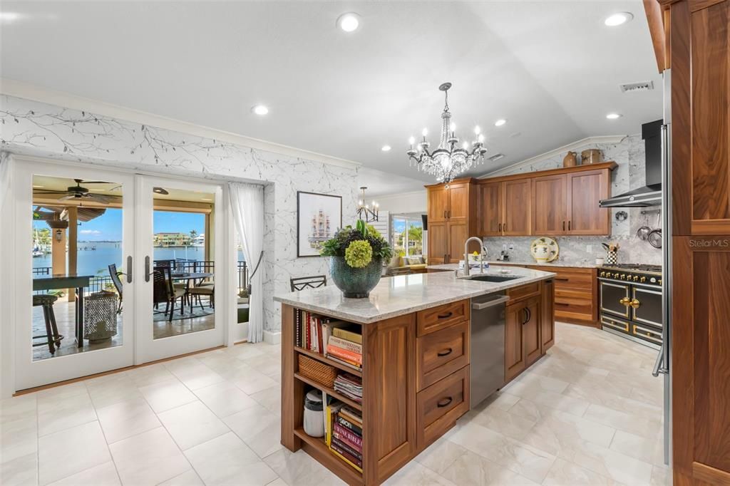 Chandelier, Interior, Kitchen, Marble Walls, Recessed Lighting, Stainless Steel Appliances, Water