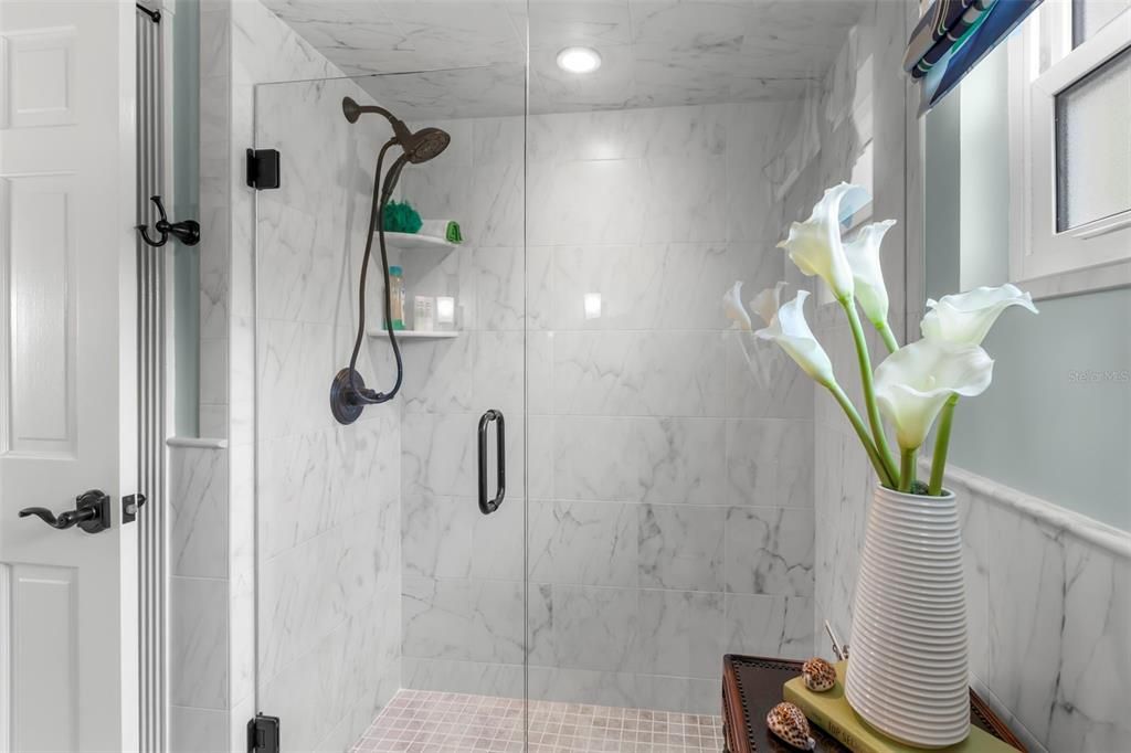 Bathroom, Glass Shower, Interior, Marble Walls, Recessed Lighting