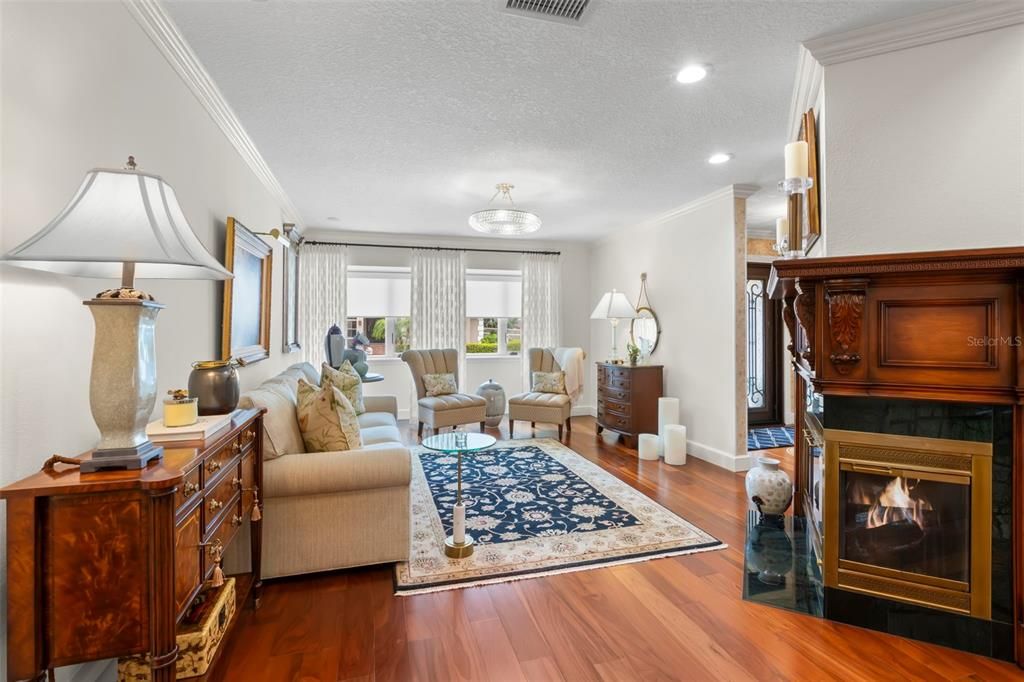Fireplace, Interior, Living room, Recessed Lighting, Wood Texture Flooring