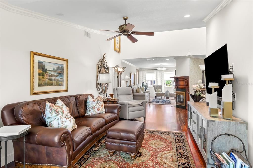 Fireplace, Interior, Living room, Recessed Lighting, Wood Texture Flooring