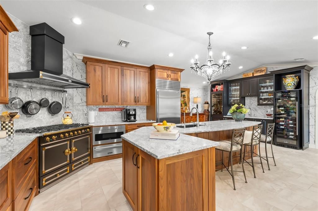 Chandelier, Interior, Kitchen, Marble Walls, Recessed Lighting, Stainless Steel Appliances, Wine Storage