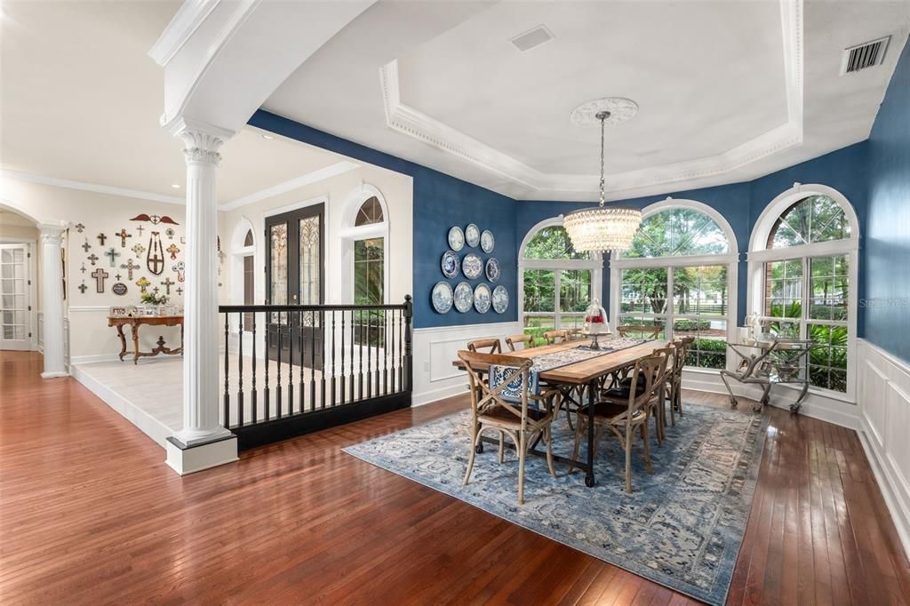 Chandelier, Dining room, Interior, Wood Texture Flooring