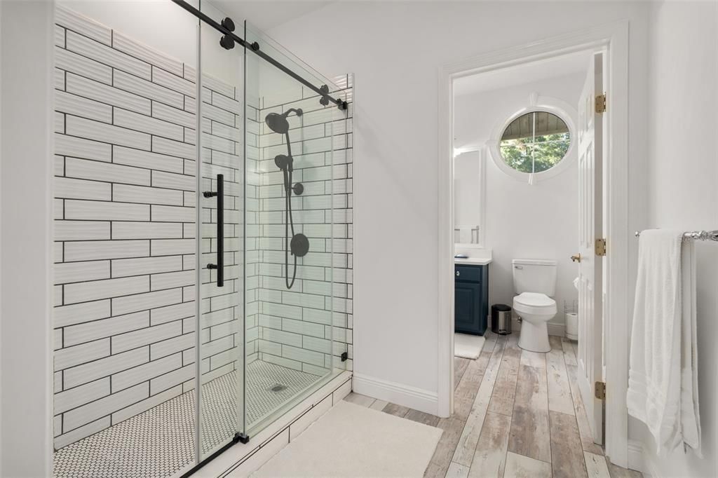 Bathroom, Glass Shower, Interior, Wood Texture Flooring