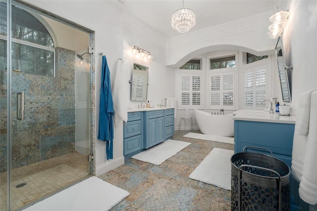 Bathroom, Dual Sink Vanities, Free Standing Baths, Glass Shower, Interior, Pendant Lights
