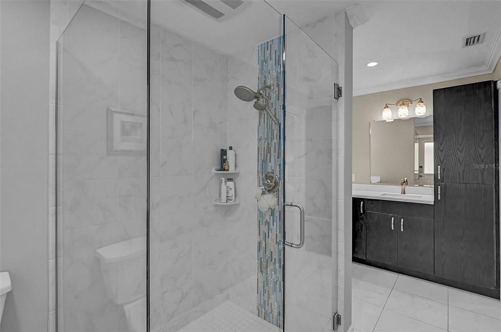 Bathroom, Glass Shower, Interior, Marble Walls, Recessed Lighting