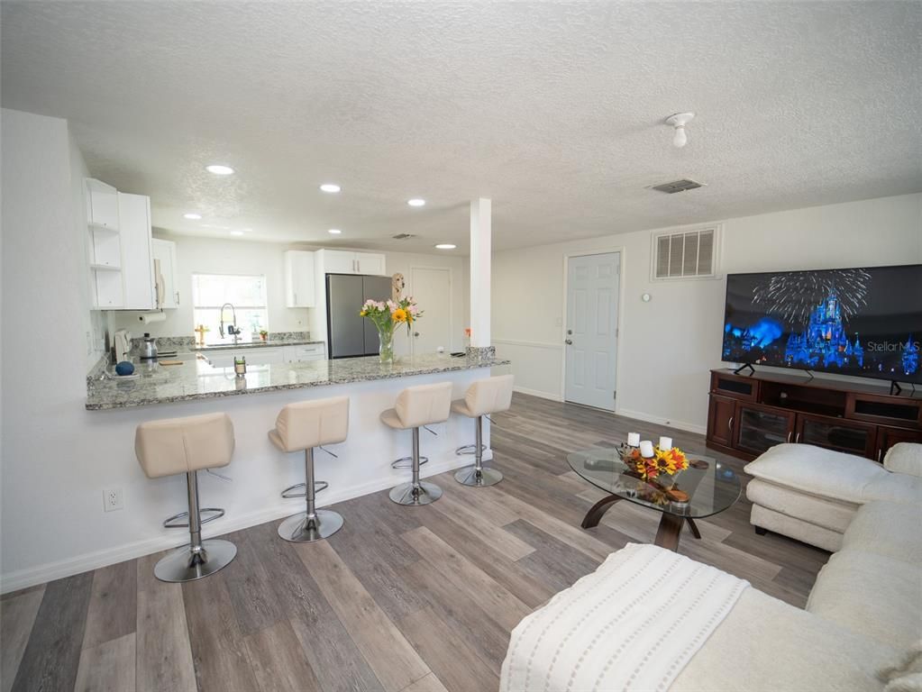 Interior, Kitchen, Living room, Recessed Lighting, Wood Texture Flooring