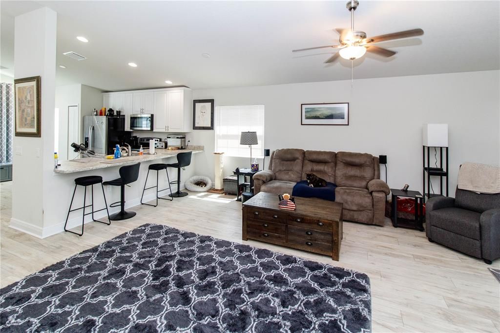 Interior, Kitchen, Living room, Recessed Lighting, Wood Texture Flooring