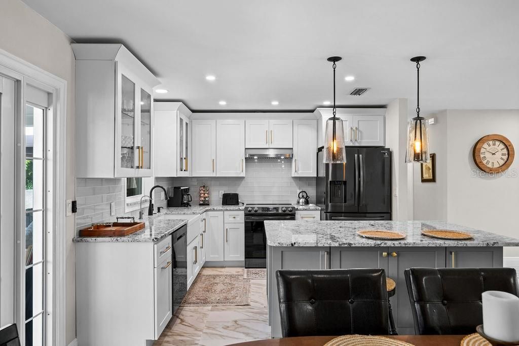 Interior, Kitchen, Marble, Pendant Lights, Recessed Lighting, Stainless Steel Appliances