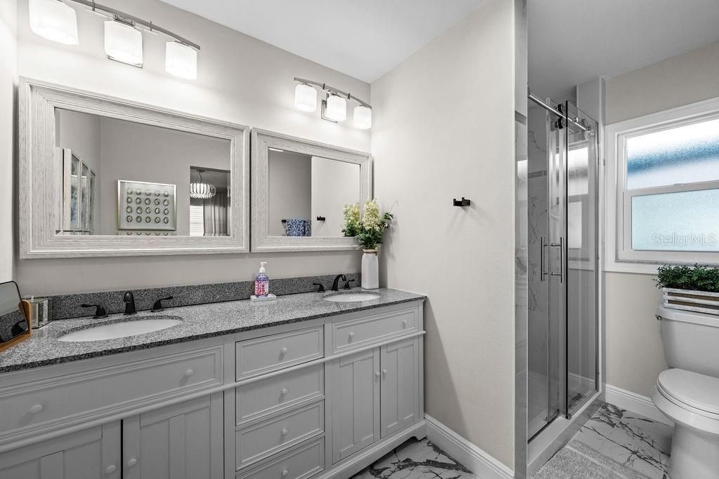Bathroom, Dual Sink Vanities, Glass Shower, Interior, Marble