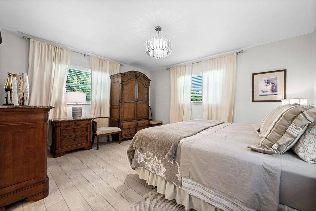 Bedroom, Chandelier, Interior, Wood Texture Flooring