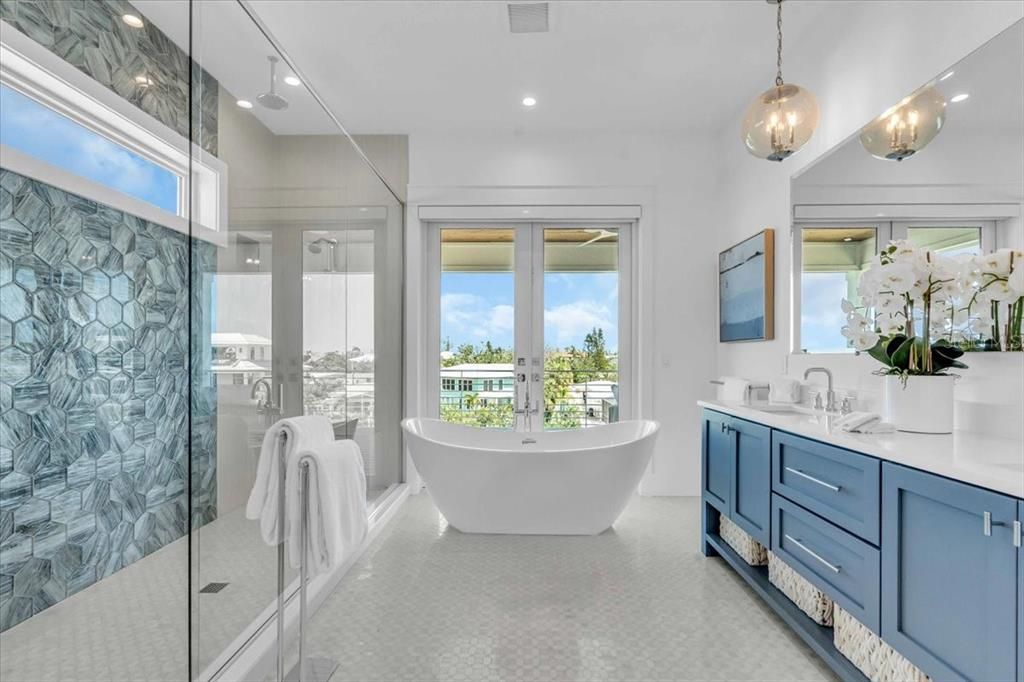 Bathroom, Dual Sink Vanities, Free Standing Baths, Glass Shower, Interior, Pendant Lights, Recessed Lighting