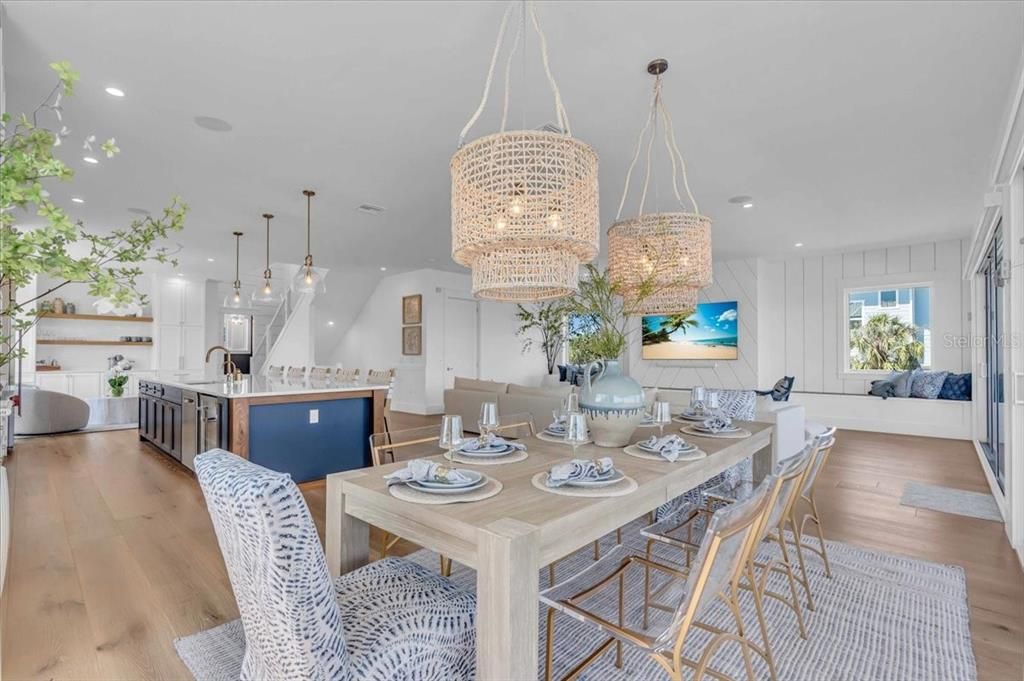 Chandelier, Dining room, Interior, Kitchen, Living room, Pendant Lights, Recessed Lighting, Wood Texture Flooring