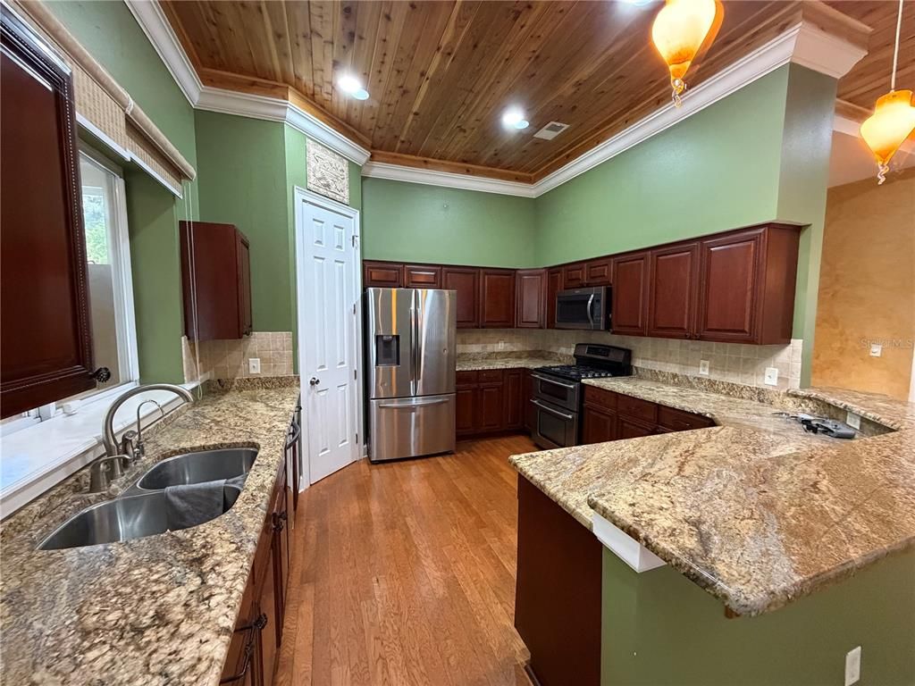 Interior, Kitchen, Pendant Lights, Recessed Lighting, Stainless Steel Appliances, Wooden Ceilings, Wood Texture Flooring