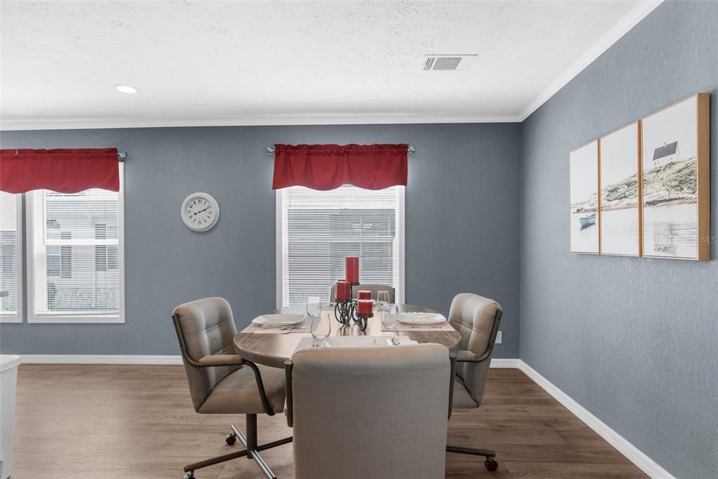 Dining room, Interior, Recessed Lighting, Wood Texture Flooring
