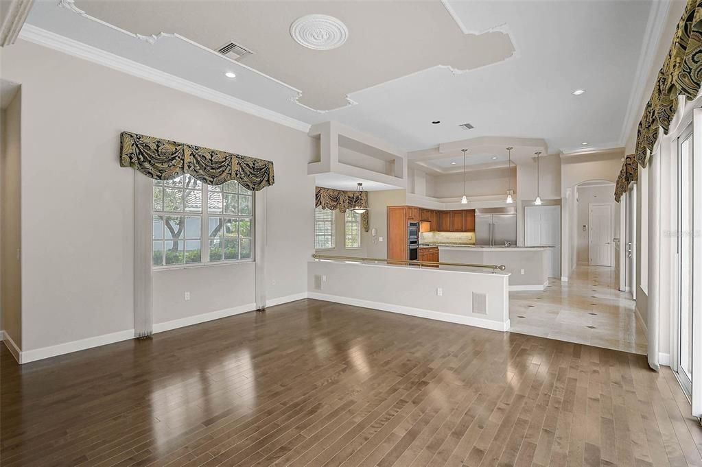 Empty room, Interior, Kitchen, Pendant Lights, Recessed Lighting, Wood Texture Flooring