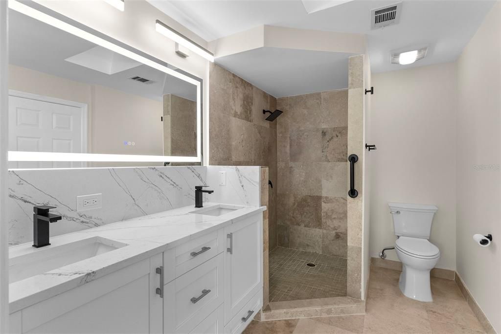 Bathroom, Dual Sink Vanities, Glass Shower, Interior, Marble Walls