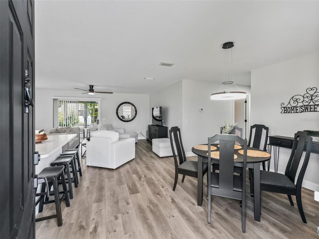 Dining room, Interior, Living room, Pendant Lights, Wood Texture Flooring