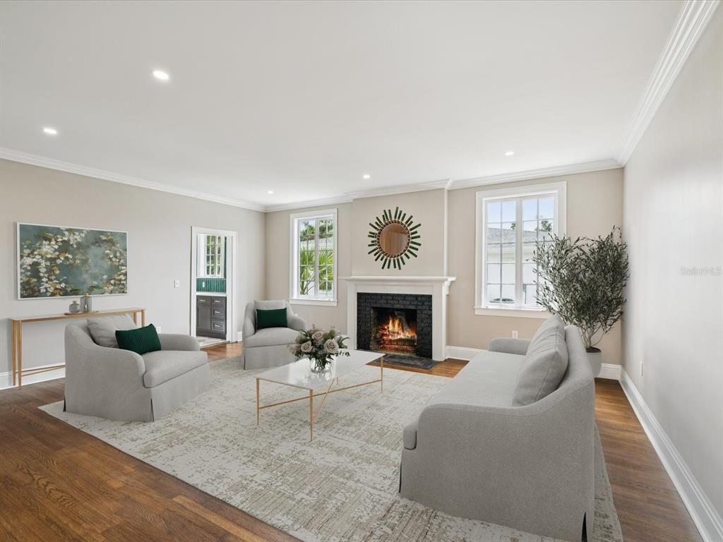 Fireplace, Interior, Living room, Recessed Lighting, Wood Texture Flooring