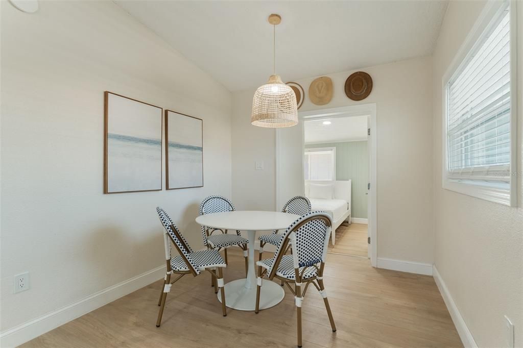 Dining room, Interior, Pendant Lights, Recessed Lighting, Wood Texture Flooring