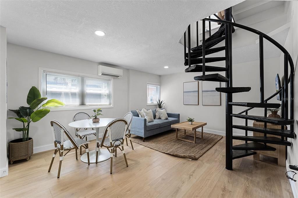 Dining room, Interior, Living room, Recessed Lighting, Wood Texture Flooring