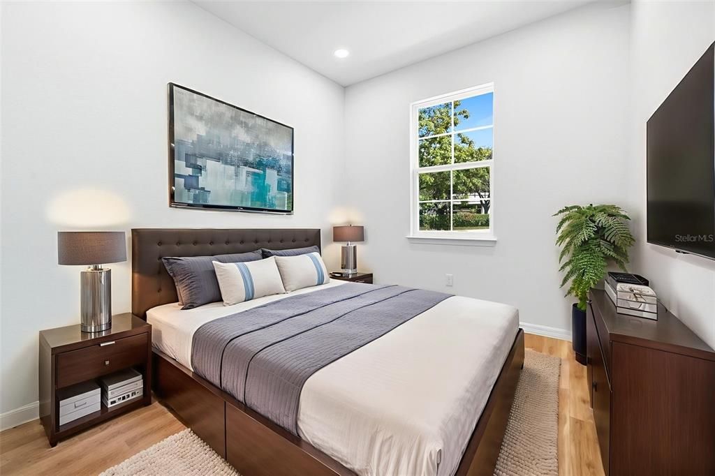 Bedroom, Interior, Recessed Lighting, Wood Texture Flooring