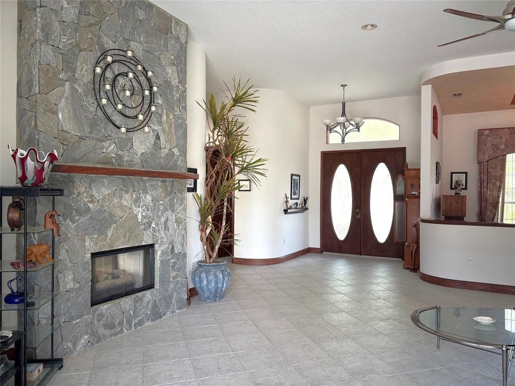 Chandelier, Fireplace, Interior, Recessed Lighting, Stone Walls