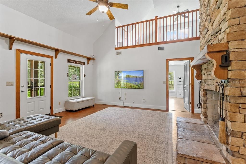 Fireplace, Interior, Living room, Stone Walls, Wood Texture Flooring