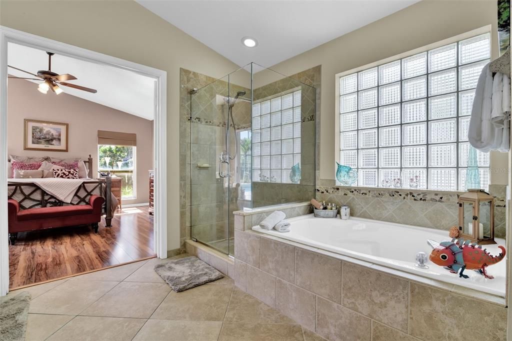 Bathroom, Glass Shower, Interior, Recessed Lighting, Wood Texture Flooring