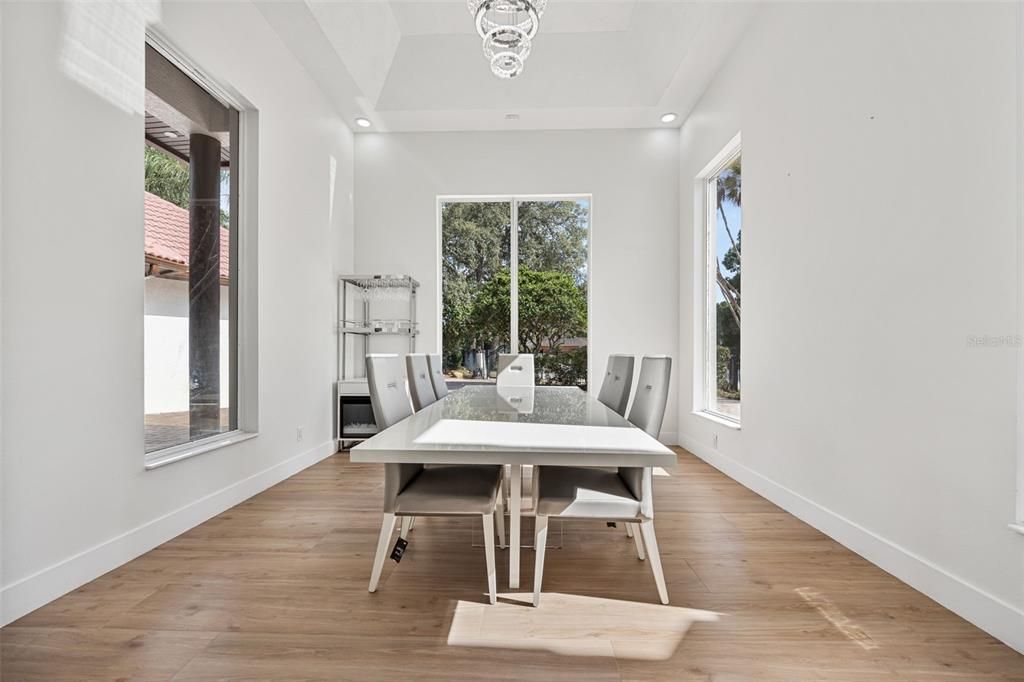 Dining room, Interior, Recessed Lighting, Wood Texture Flooring