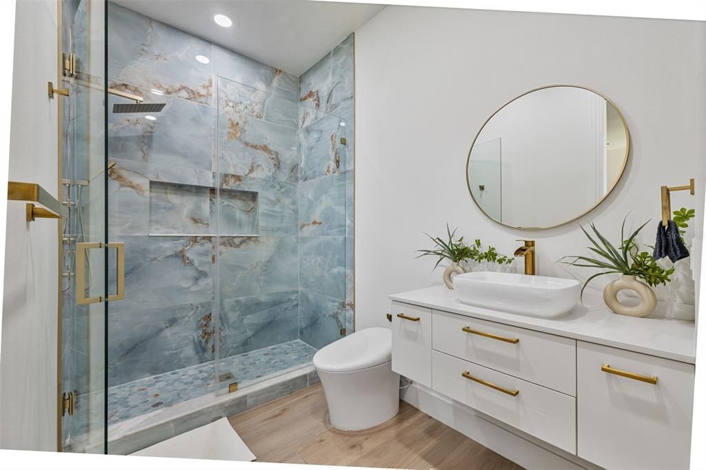 Bathroom, Glass Shower, Interior, Recessed Lighting, Wood Texture Flooring